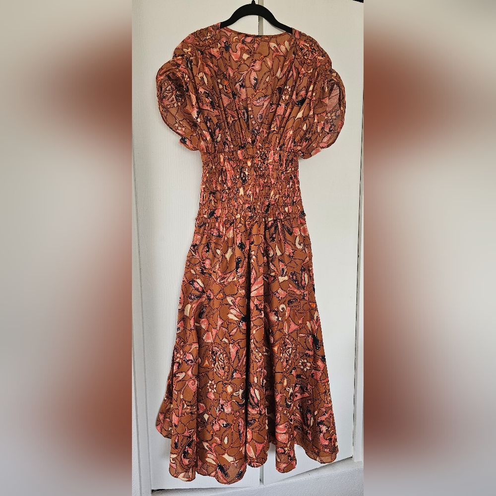 A.L.C. Lucia Corset Waist Cotton Floral Midi Dress Size 0 Bronze Navy Coral - Picture 3 of 14